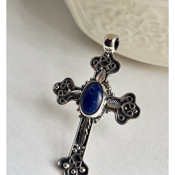 Handcrafted Oval Lapis Lazuli Cut Gemstone Cross 925 Sterling Silver - Picture 8 of 16